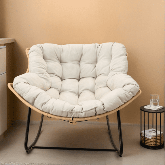 Larger Outdoor Rocking Chair, Patio Egg Rocking Chair, Indoor Papasan Chair, Rattan Wicker Lounge Chair, Modern Royal Chair for Bedroom, Living Room, Porch, Garden, Lawn-Beige