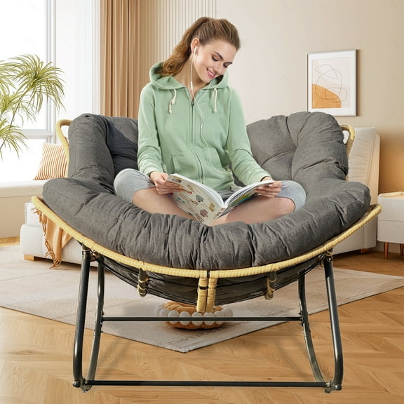 Larger Outdoor Rocking Chair, Patio Egg Rocking Chair, Indoor Papasan Chair, Rattan Wicker Lounge Chair, Modern Royal Chair for Bedroom, Living Room, Porch, Garden,Lawn-Dark Grey