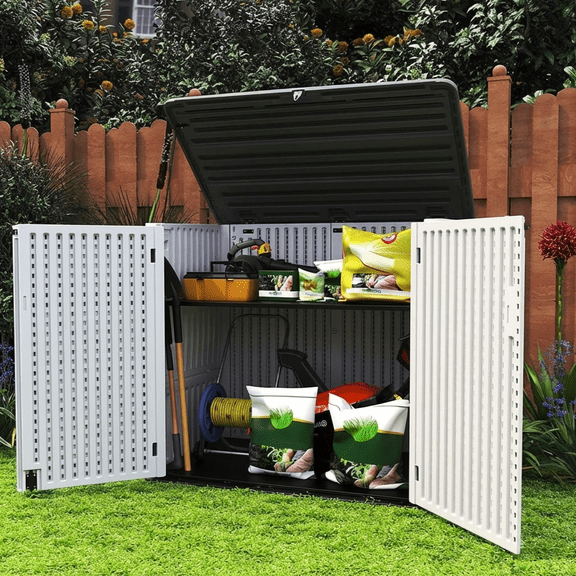 Decksplore 48 Cu.ft Outdoor Waterproof Storage Shed,Weather Resistance Horizontal Outdoor Storage Cabinets Box for Garden, Patios, Backyards,Garden Tools