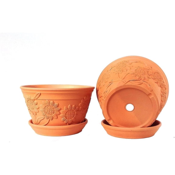 Larger Set of 2 Raised Sunflower Embellished Natural Terracotta Garden Pot with Tray