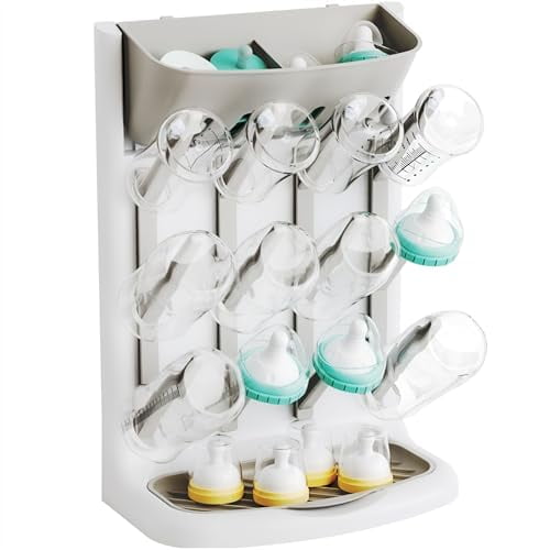 Larger Vertical Baby Bottle Drying Rack - BPA Free - Space Saving Feeding Bottles Drying Rack Holder for Countertop,Baby Bottle Holder Storage Station for Pacifiers,Pump Accessories Stand,Grey