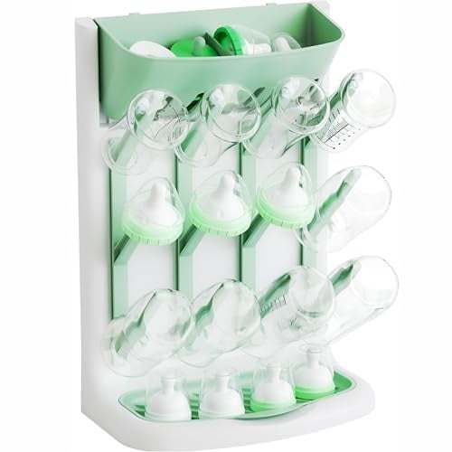 Larger Vertical Space Saving Drying Rack Baby Bottle for Countertop or Wall- BPA Free - Compact Glass Baby Bottle Rack Dryer & Holder and Storage Station for Pacifiers,Pump Accessories,Green