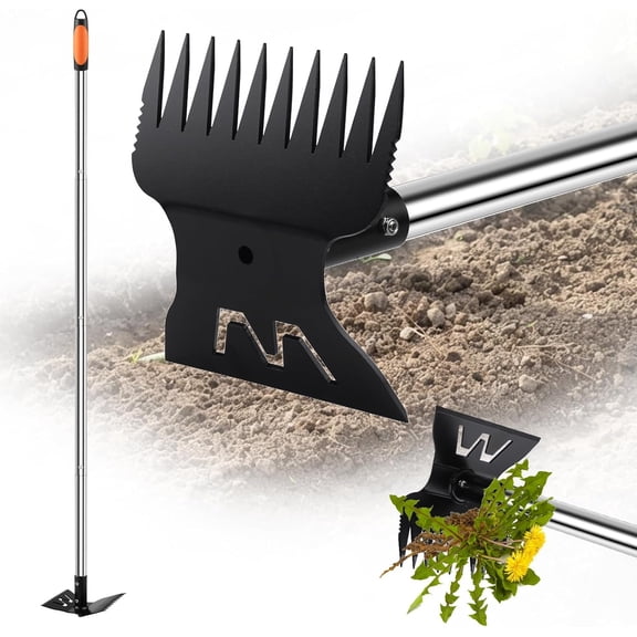 Larger Weed Puller Tool with Long Handle, Heavy Duty 10 Weed Rake & Hoe Garden Tool for Weeding, 57" Garden Hoe Weed Remover Tool with Detachable Handle, Manual Weeder for Garden Yard Lawn Patio