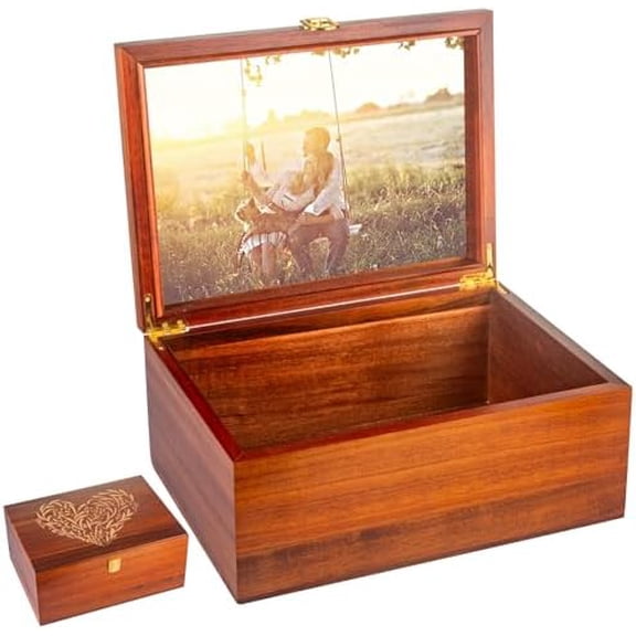Larger Wooden Memory Keepsake Boxes With Hinged Lids and a photo frame inside the lid - Decorative Storage Box With a Hinge Lids For Picture Letter Time Capsule - 5.3*8.6*11.7- Acacia