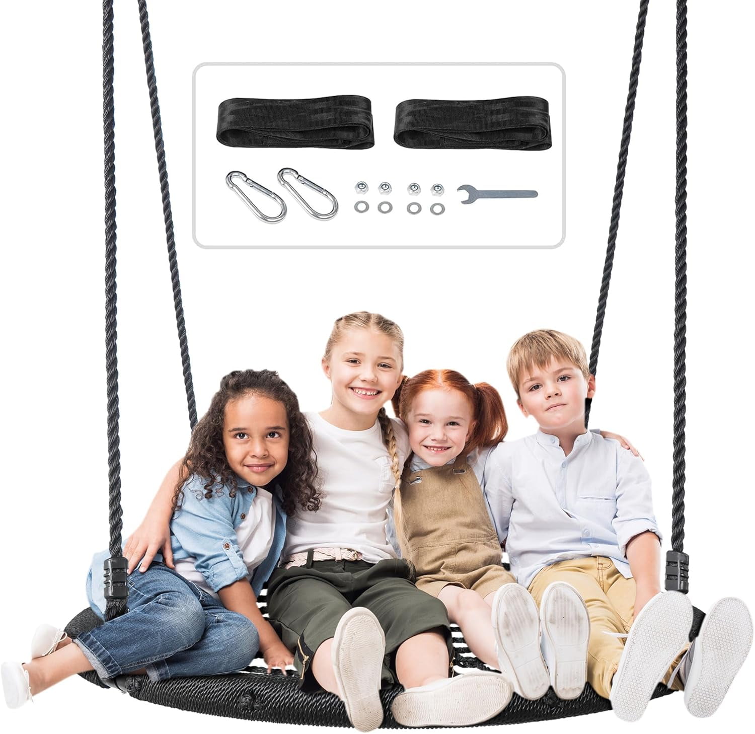 Largest 48" Spider Web Swing Set for Tree 700lbs Extra Large Platform Net Swing 71inch Adjustable Hanging Ropes - Attaches to Trees or Existing Swing Frame for Multiple Kids or Adult Black