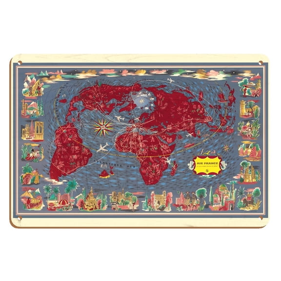 Largest Network in the World (Le Plus Grand Réseau du Monde) - Air Routes - Vintage Pictorial Map by Lucien Boucher c.1961 - 8 x 12 inch Vintage Wood Art Sign
