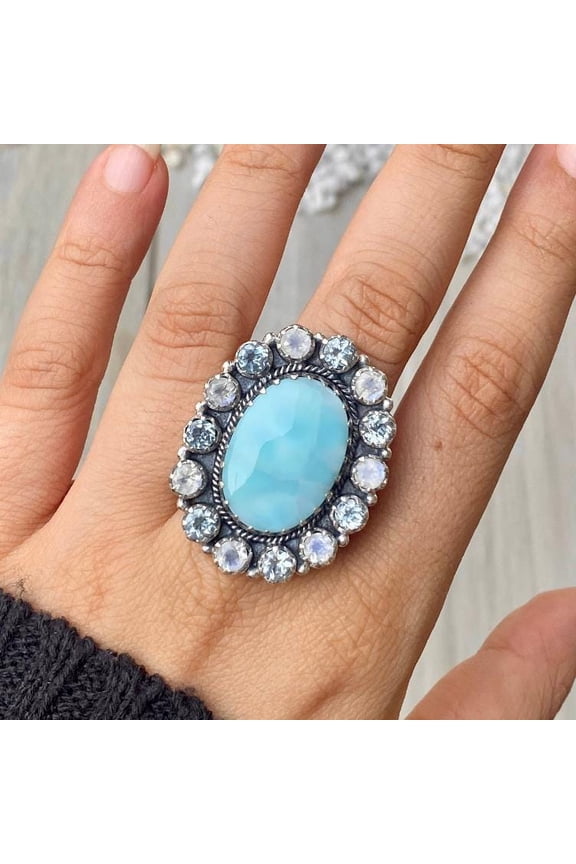 Lari-mar With Clear Quartz Ring, 925 Sterling Pure Silver Ring, Handmade Ring, Silver Band Ring, Statement Ring, Anniversary Gift For Her,.