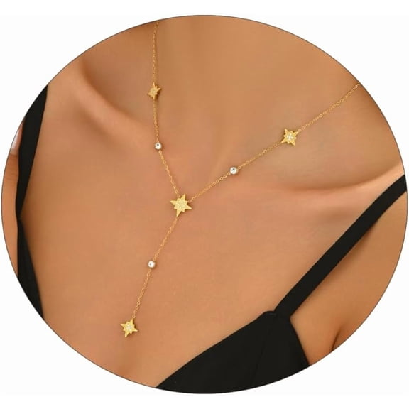 Lariat Necklace for Women 18K Gold Plated Dainty CZ Y-Shaped Pendant Necklace Trendy Layered Beaded Chain for Everyday Jewelry[h139]