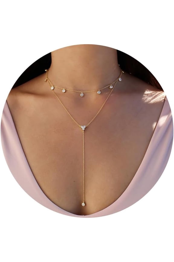 Lariat Necklace for Women Gold Long Y Necklace Trendy 14K Gold Plated Layered Drop Necklace Dainty CZ Pearl Bar lariat Necklace Women Wedding Jewelry