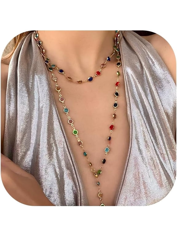 Lariat Necklace for Women Layered Long Gold Necklace Y-Shaped Gold Drop Pendant Long Rhinestone Body Chains Jewelry