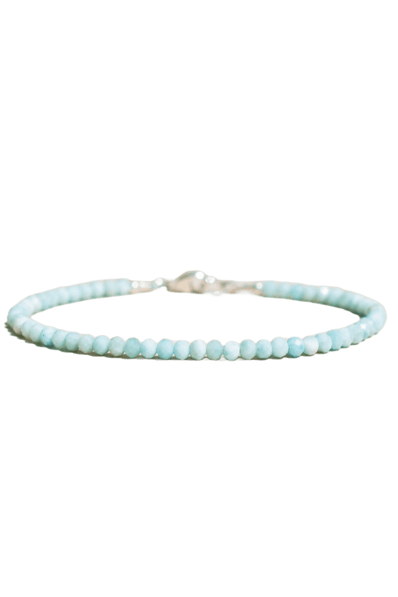 Larimar 3mm Round Shape Faceted Cut Beads 7 inch Silver Plated Clasp Bracelet for men, women, unisex. Link Chain Stacking Bracelet.|LINK_04462