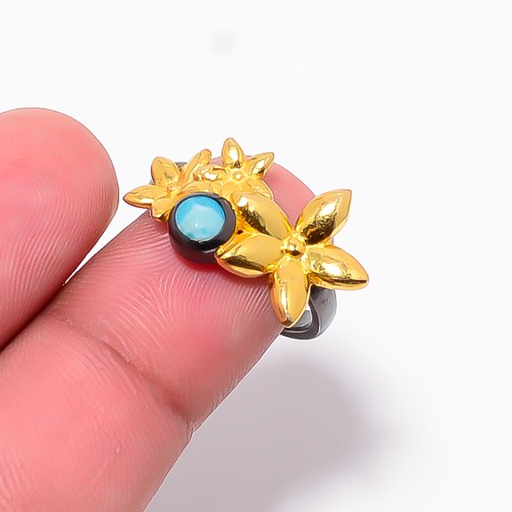 Larimar Black And Gold Plated 925 Sterling Silver Ring S.7 R87421, Christmas Gift