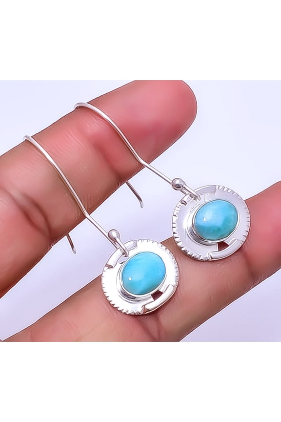 Larimar - Dominican Republic 925 Sterling Silver Earring 1.72" E, Christmas Gift, Handmade Jewelry, Dangle Earring