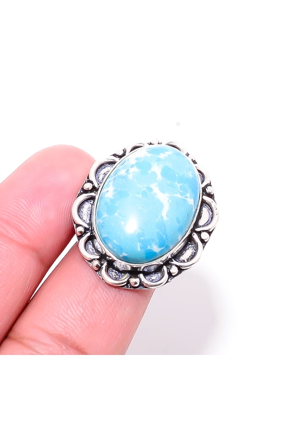 Larimar Gemstone 925 Sterling Silver Handmade Ring S.9.5 R21