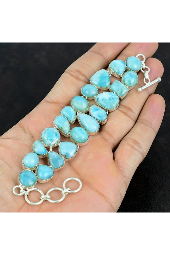 Larimar Gemstone Bracelet Solid 925 Sterling Silver | Handmade Natural Caribbean Larimar Jewelry for Women