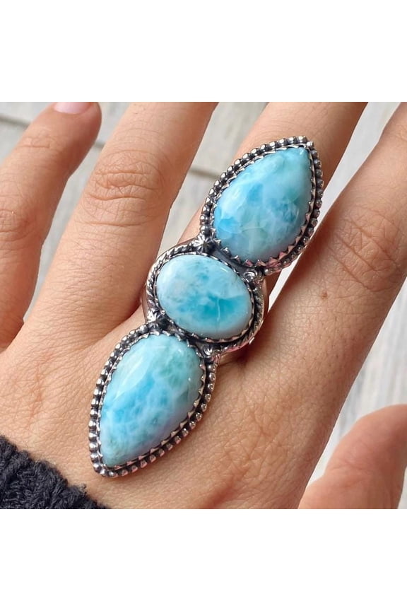 Larimar Gemstone Ring, Statement Handcrafted Ring, made In 925 Sterling Silver, Boho Ring, Two Stone Ring, Boho Jewelry, Gift For Her,.....