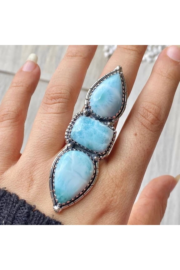 Larimar Gemstone Ring, Statement Handcrafted Ring, made In 925 Sterling Silver, Boho Ring, Two Stone Ring, Boho Jewelry, Gift For Her,.....
