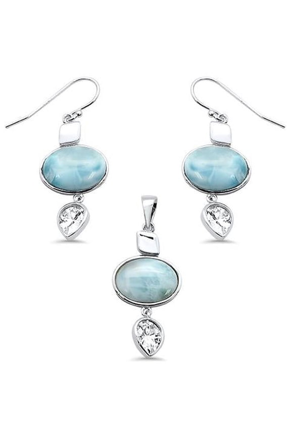 Larimar & Pear Cubic Zirconia .925 Sterling Silver Pendant & Earring Set