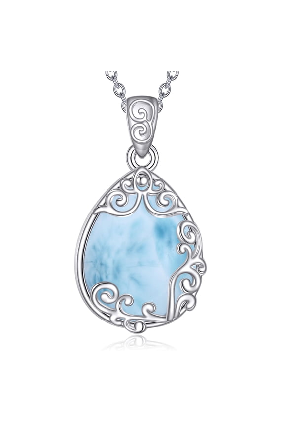 Larimar Pendant Jewelry Necklace Sterling Silver Filigree Irish Celtic Teardrop Natural Gemstone Larimar Pendant Necklace Jewelry Gifts For Women