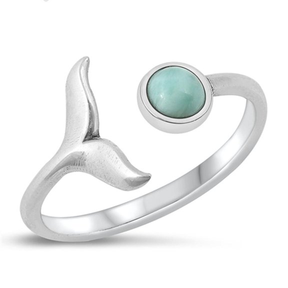 Larimar Ring .925 Sterling Silver Dolphin Tail Open Band Blue Cubic Zirconia Jewelry Female Size 6