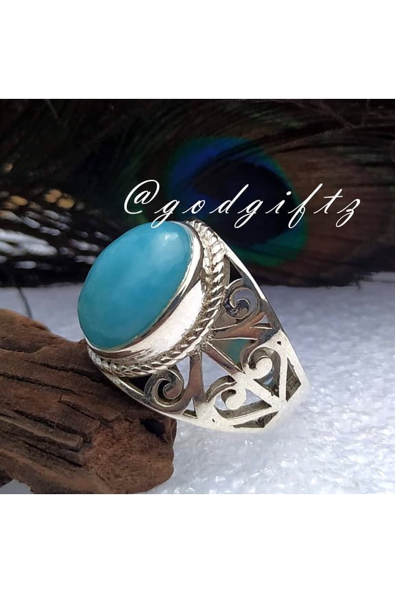 Larimar Ring – 925 Sterling Silver Solid Gemstone Statement Ring