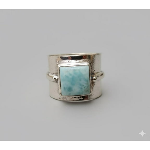 Larimar Ring – Sterling Silver Wide Band with Square Gemstone | Handmade Artisan Jewelry, Unique Statement Ring for Women & Men