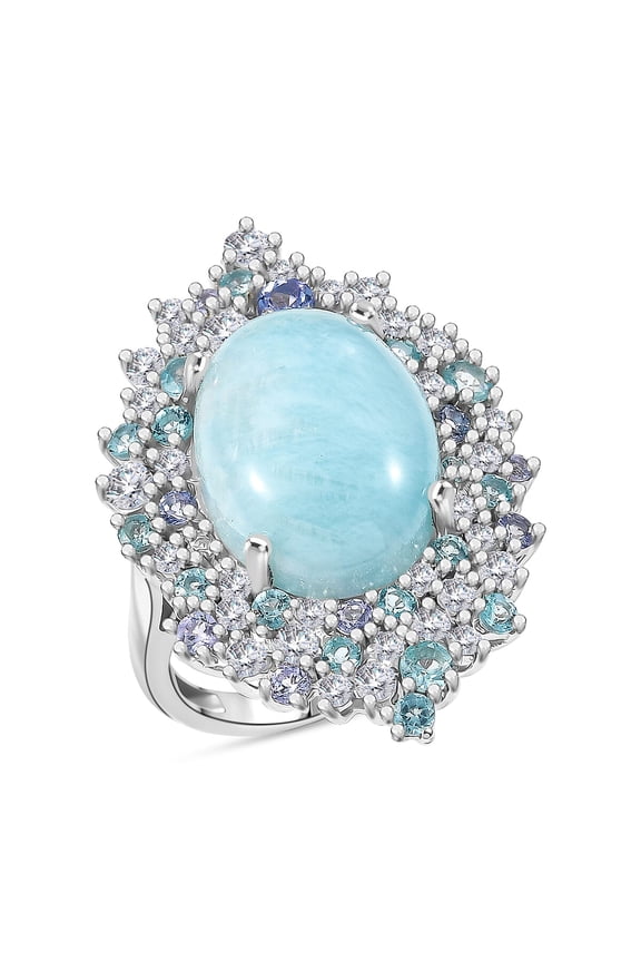 Larimar and Multi Gemstone 13.65 ctw Ring in Rhodium Over Sterling Silver Size 8 Christmas Gifts