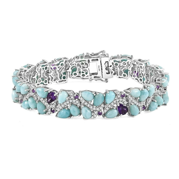 Larimar and Multi Gemstone 31.00 ctw Sea Waves Bracelet in Rhodium Over Sterling Silver 7.25 In Christmas Gifts