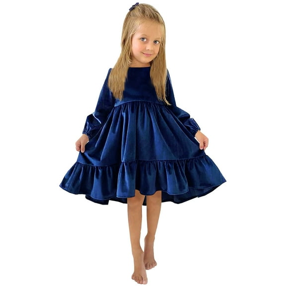 Larisalt Dresses For Girl,Girls Long Sleeve Velvet Casual Christmas Holiday Shiny Party Dress Dark Blue