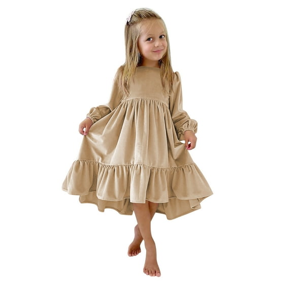 Larisalt Dresses For Girl,Girls Long Sleeve Velvet Casual Christmas Holiday Shiny Party Dress Khaki