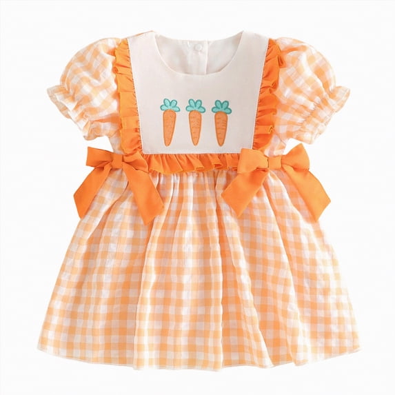 Larisalt Girl Easter Dresses Toddler Girls Summer Clothes Short Sleeve Round Neck Carrot Embroidery A-Line Dress