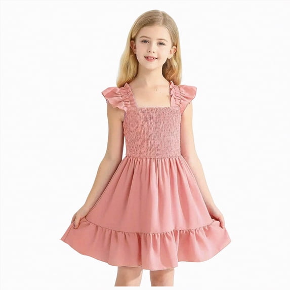 Larisalt Girls Dresses Elegant Ruffle Sleeve Smocked Square Neck Cute Summer Flowy Beach Clothes