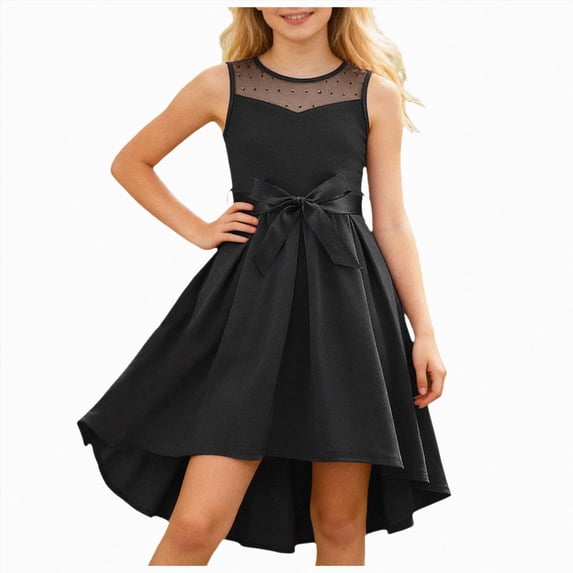 Larisalt Girls Mesh Summer Dress Sleeveless Crewneck Bow Tie Waist Asymmetric Bottom A-Line Dresses