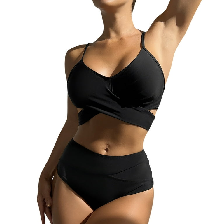 Larisalt High Waisted Bikini,Women Cutout Underboob Top with High Cut  Cheeky Bottom Bathing Suit Black,S 