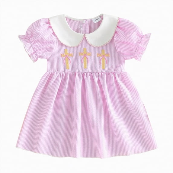 Larisalt Toddler Baby Girl Easter Dress Short Sleeve Sailor Collar Floral Embroidery Girls Summer Church Dress