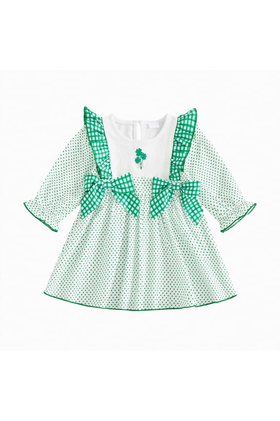Toddler Baby Girl St Patricks Day Dress Plaid Long Sleeves Ruffle Bow Dresses Girls Cute Clothes