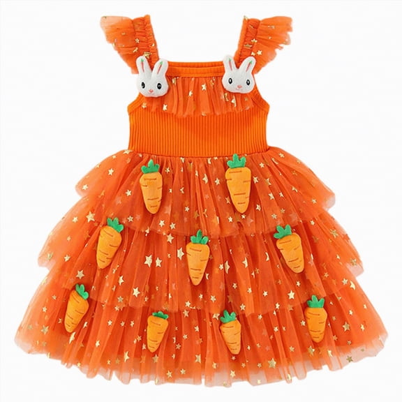 Larisalt Toddler Baby Girls Clothes Kids Easter Dress Ruffle Sleeveless Carrot Bunny Decor Tulle Tutu Princess Dress