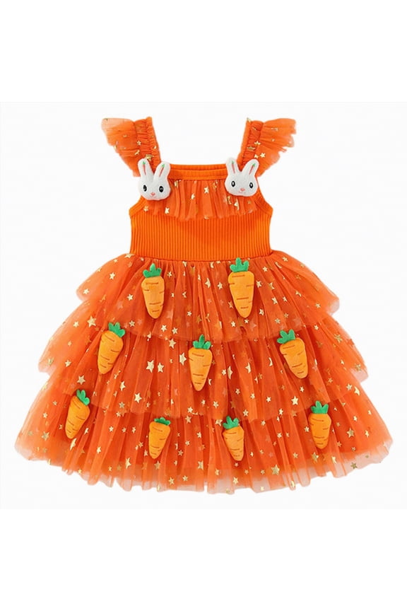 Toddler Baby Girls Clothes Kids Easter Dress Ruffle Sleeveless Carrot Bunny Decor Tulle Tutu Princess Dress