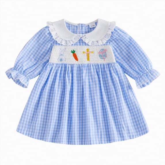 Larisalt Toddler Easter Dresses for Girls Cute Embroidery Plaid Long Sleeve Dress Baby Girls Summer Clothes