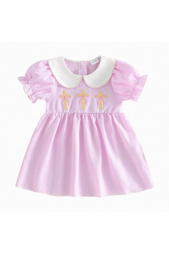 Toddler Easter Dresses for Girls Ribbed Cute Embroidery Short Sleeve Dress Baby Leisure Clothes