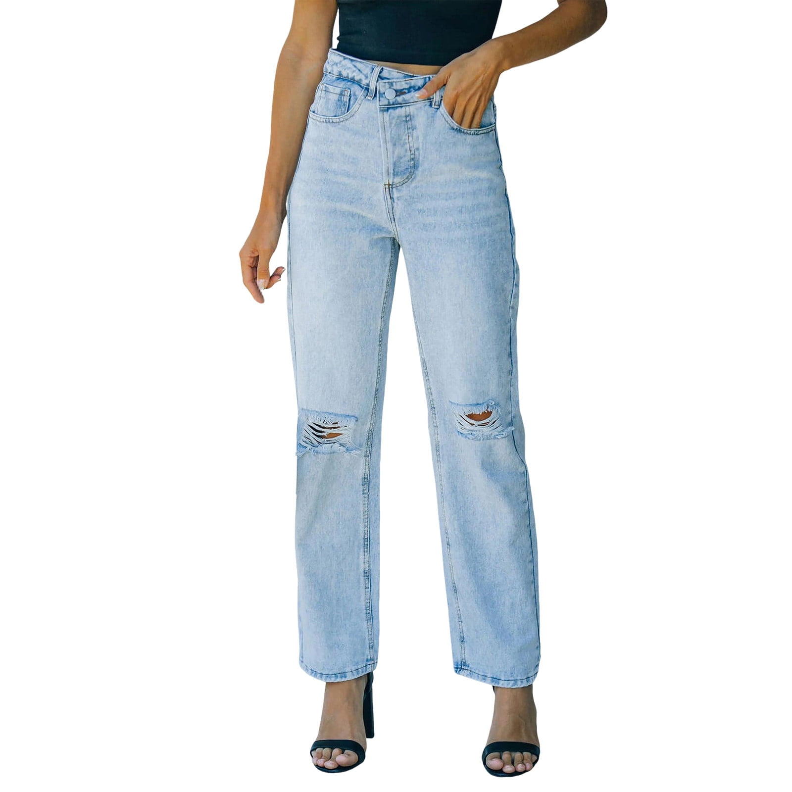 Larisalt Womens Jeans High Waisted,Women Pull-on Distressed Denim Joggers  Elastic Waist Stretch Pants Light Blue,XL