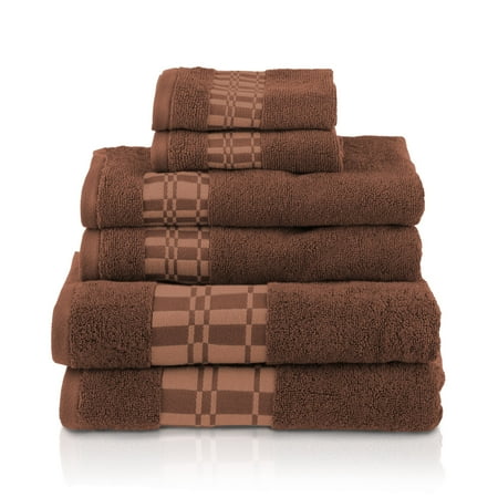 Larissa 100% Combed Cotton 550 GSM Checkered Border 6-Piece Towel Set, 2 Face, 2 Hand, and 2 Bath Chocolate
