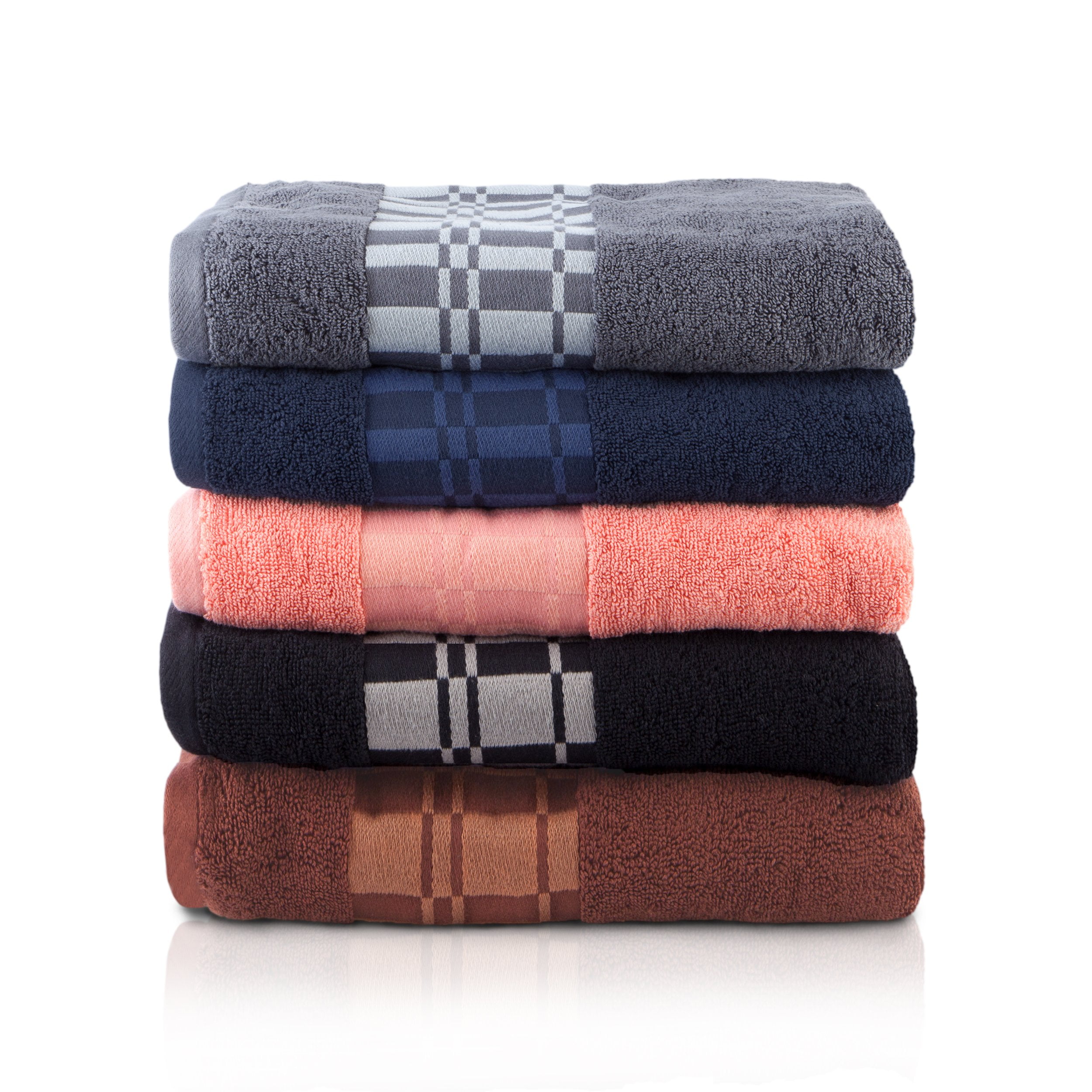 Larissa 100% Combed Cotton 550 GSM Checkered Border 6-Piece Towel Set, 2 Face, 2 Hand, and 2 Bath Coral