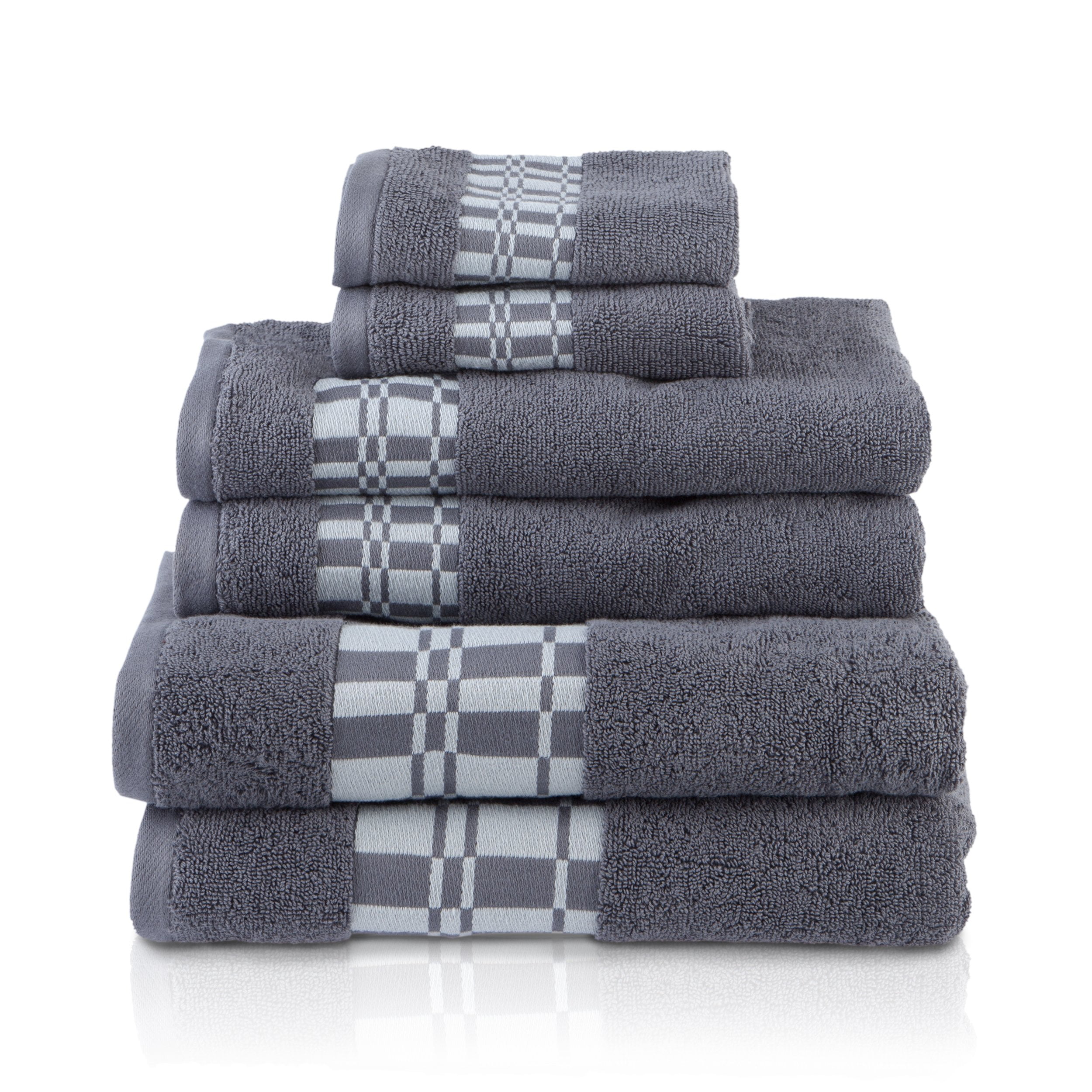 Larissa 100% Combed Cotton 550 GSM Checkered Border 6-Piece Towel Set, 2 Face, 2 Hand, and 2 Bath Grey