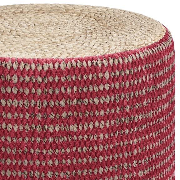 Larissa Round Braided Pouf Ottoman in Natural & Maroon Jute/Cotton | Supportive Polystyrene Fill, 18"D x 18"W x 14"H | Versatile Seating for Living Room, Bedroom, Den