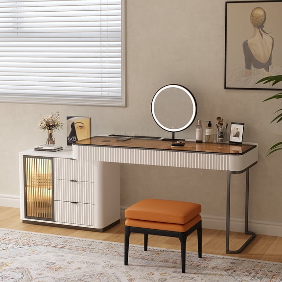 Larits Makeup Vanity, Very Easy to AssembleDressing Table Desk in one, Super Storage, with LED Light Vanity Mirror with ash Full Solid Wood upholstered Vanity Stool