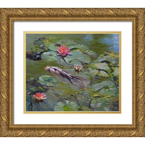 Larivey, Chuck 14x12 Gold Ornate Wood Framed with Double Matting Museum Art Print Titled - Koi and Lilies III