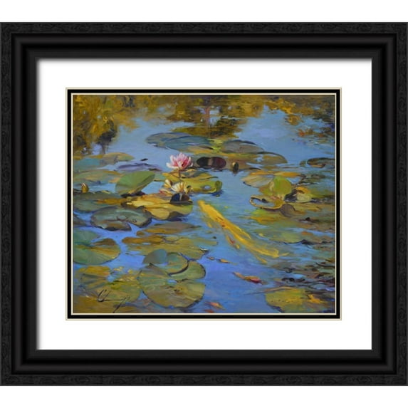 Larivey, Chuck 30x26 Black Ornate Wood Framed with Double Matting Museum Art Print Titled - Koi and Lilies II