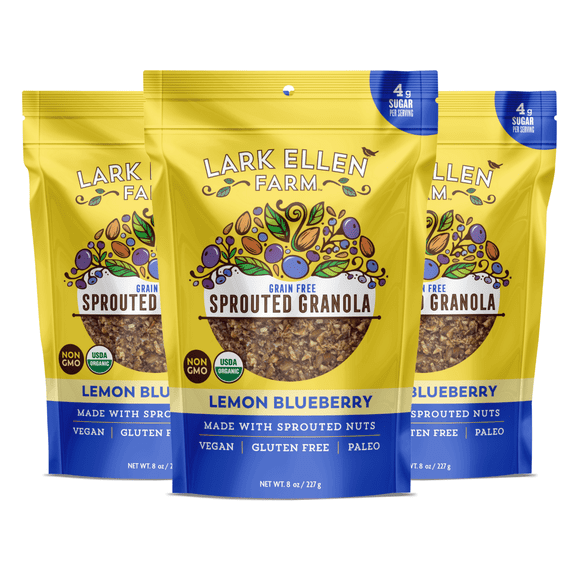 Lark Ellen Farm Lemon Blueberry Grain Free Granola Organic, Raw Sprouted Certified Organic Low Sugar Vegan Granola Clusters, Paleo Granola, Crunchy Gluten Free Granola Bites - 3 Pack