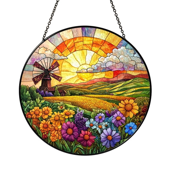 Larkspur Flower Windmill Suncatcher Hanging for Window, Rural Landscape Faux Stained Glass Decor